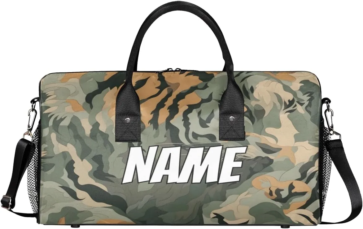 Personalized Tiger Camouflage Travel Duffel Bag with Name, Custom Gym Sport Bag Green Jungle Carry On Weekend Overnight Duffel Bag for Men Women
