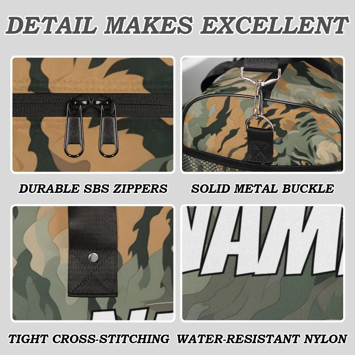 Personalized Tiger Camouflage Travel Duffel Bag with Name, Custom Gym Sport Bag Green Jungle Carry On Weekend Overnight Duffel Bag for Men Women