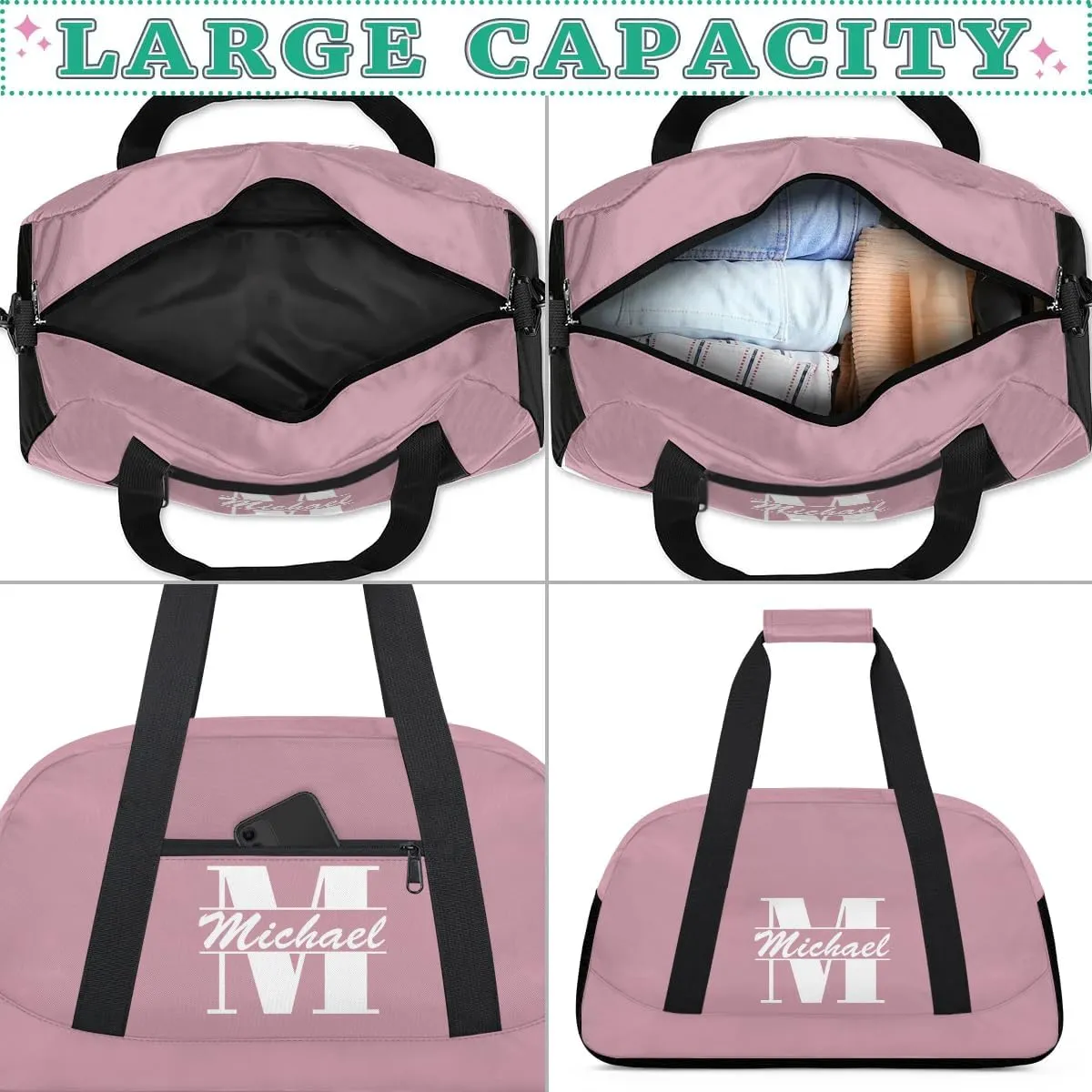 Personalized Travel Duffel Bag with Name, Custom Initial Gym Bag for Women Men, Monogram Sport Dance Ballet Bag Weekender Overnight Bag, Flesh Pink