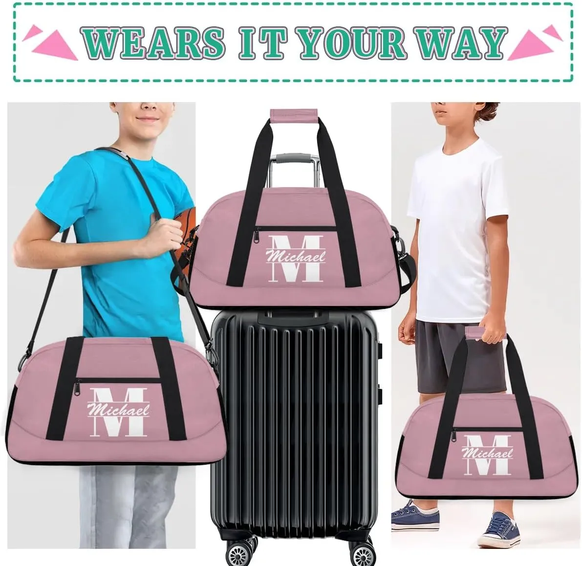 Personalized Travel Duffel Bag with Name, Custom Initial Gym Bag for Women Men, Monogram Sport Dance Ballet Bag Weekender Overnight Bag, Flesh Pink
