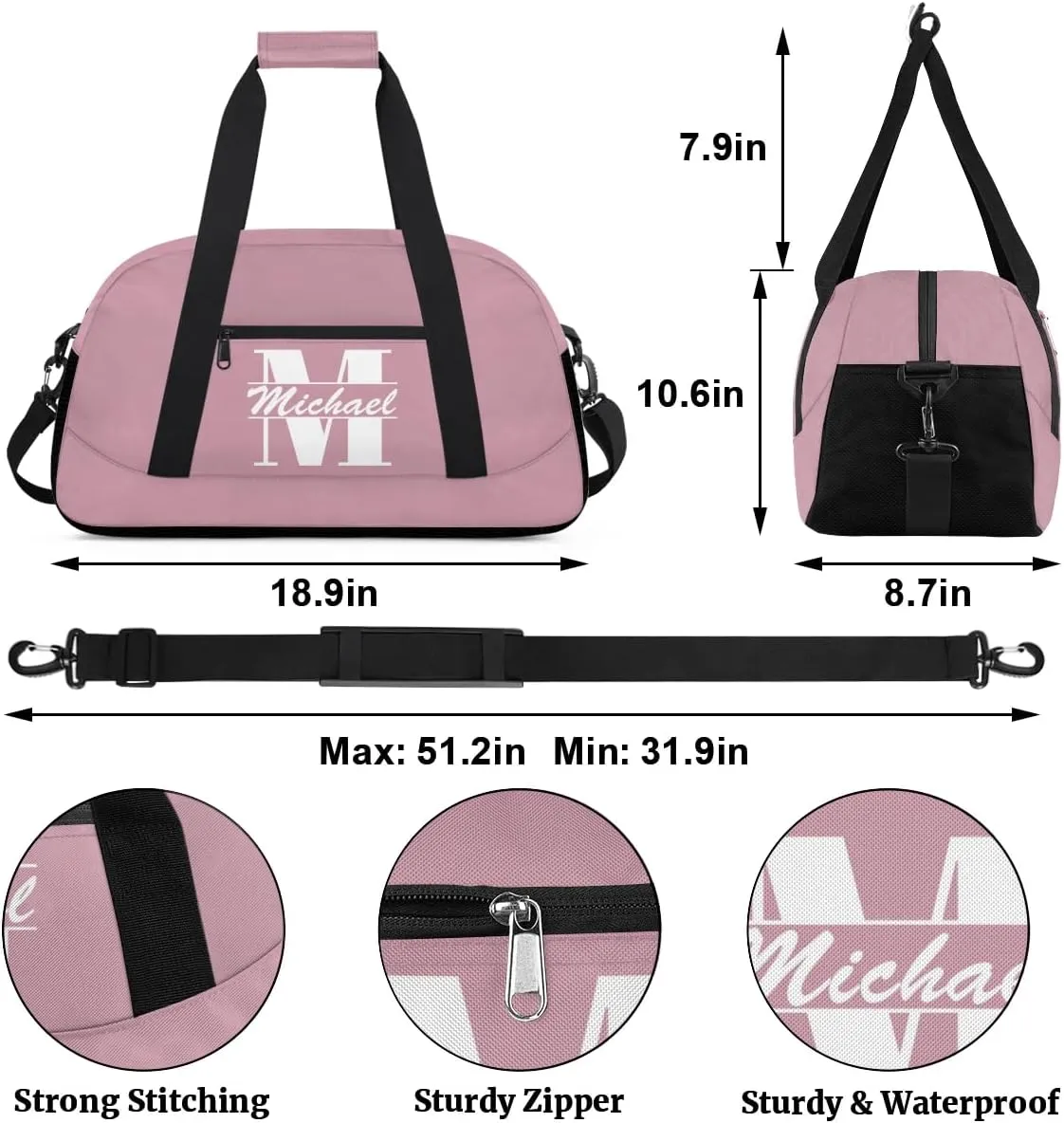 Personalized Travel Duffel Bag with Name, Custom Initial Gym Bag for Women Men, Monogram Sport Dance Ballet Bag Weekender Overnight Bag, Flesh Pink