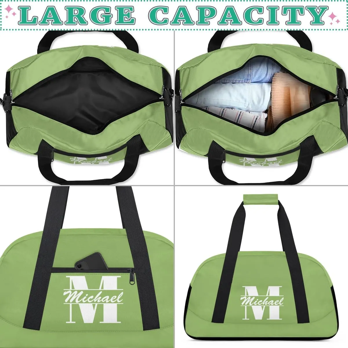 Personalized Travel Duffel Bag with Name, Custom Initial Gym Bag for Women Men, Monogram Sport Dance Ballet Bag Weekender Overnight Bag, Sage Green
