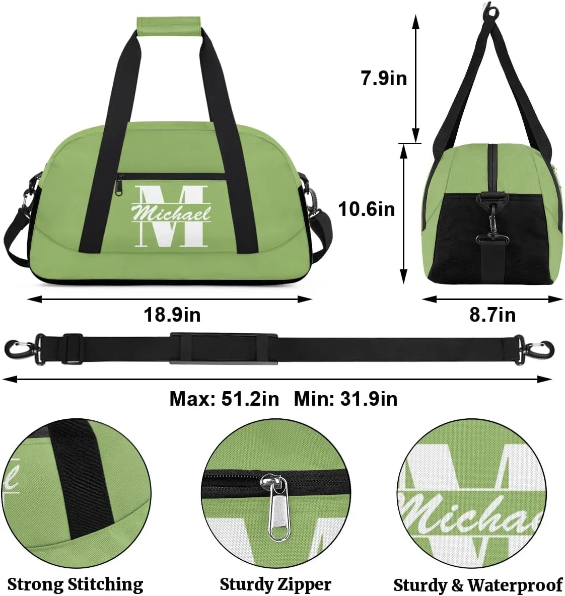 Personalized Travel Duffel Bag with Name, Custom Initial Gym Bag for Women Men, Monogram Sport Dance Ballet Bag Weekender Overnight Bag, Sage Green
