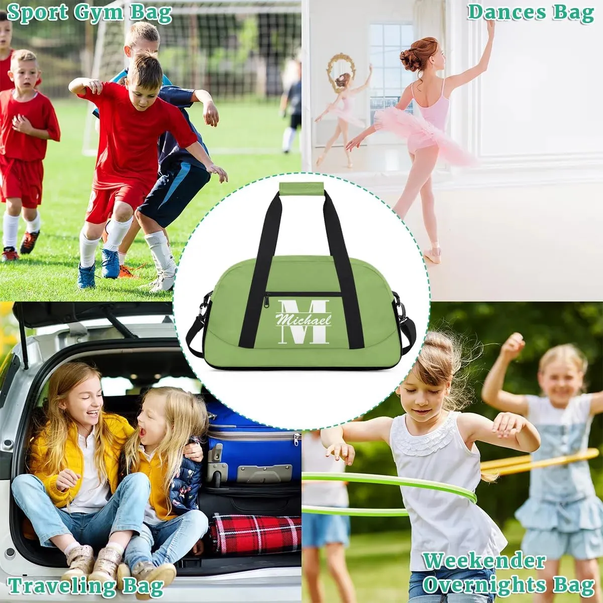 Personalized Travel Duffel Bag with Name, Custom Initial Gym Bag for Women Men, Monogram Sport Dance Ballet Bag Weekender Overnight Bag, Sage Green