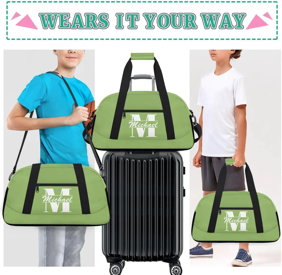 Personalized Travel Duffel Bag with Name, Custom Initial Gym Bag for Women Men, Monogram Sport Dance Ballet Bag Weekender Overnight Bag, Sage Green