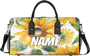 Personalized Watercolor Sunflower Travel Duffel Bag with Name, Custom Gym Sport Bag Green Leaves Carry On Weekend Overnight Duffel Bag for Men Women