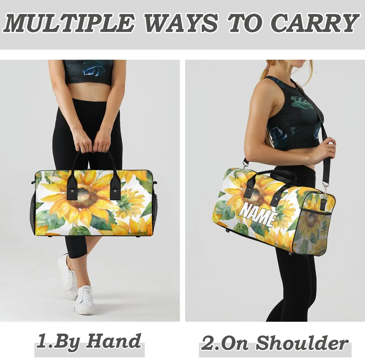 Personalized Watercolor Sunflower Travel Duffel Bag with Name, Custom Gym Sport Bag Green Leaves Carry On Weekend Overnight Duffel Bag for Men Women