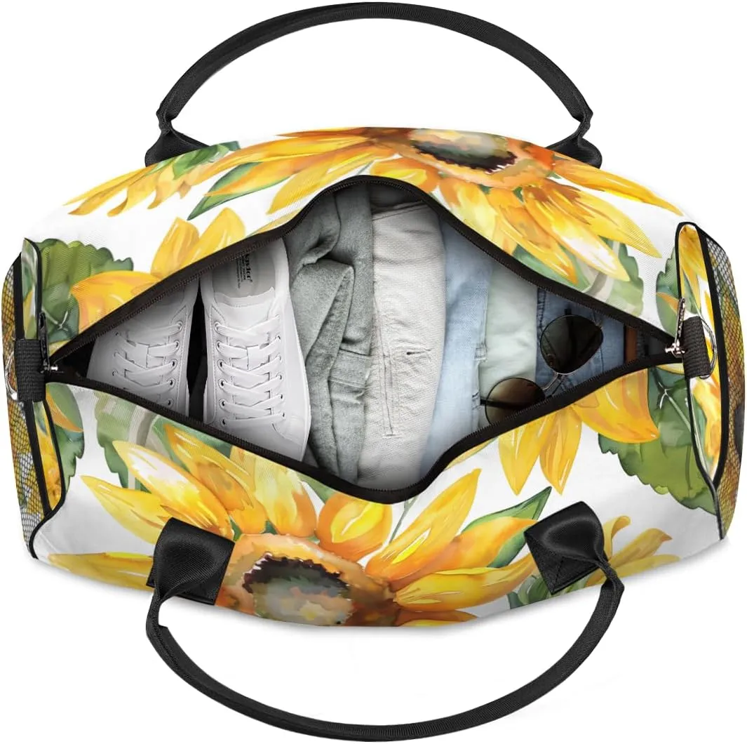 Personalized Watercolor Sunflower Travel Duffel Bag with Name, Custom Gym Sport Bag Green Leaves Carry On Weekend Overnight Duffel Bag for Men Women