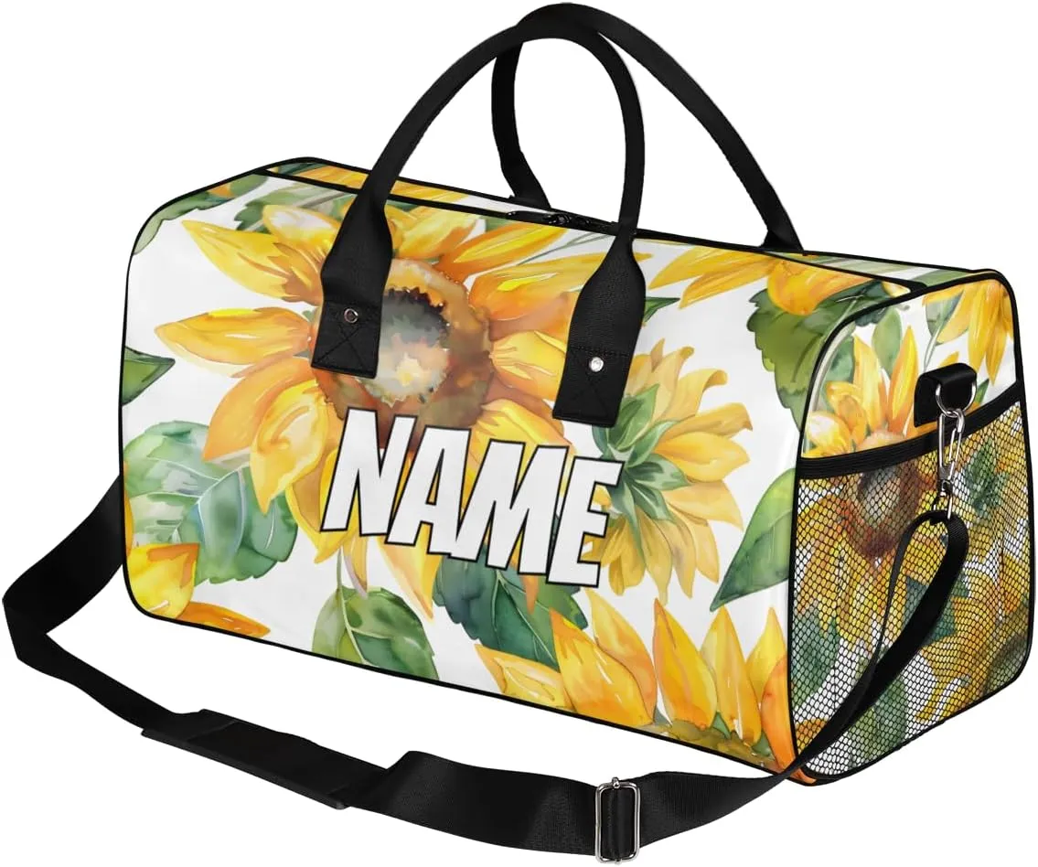 Personalized Watercolor Sunflower Travel Duffel Bag with Name, Custom Gym Sport Bag Green Leaves Carry On Weekend Overnight Duffel Bag for Men Women