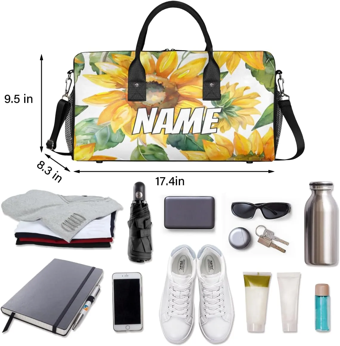 Personalized Watercolor Sunflower Travel Duffel Bag with Name, Custom Gym Sport Bag Green Leaves Carry On Weekend Overnight Duffel Bag for Men Women