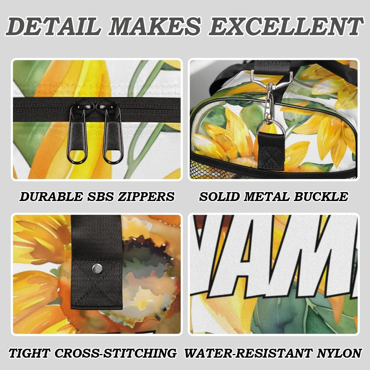 Personalized Watercolor Sunflower Travel Duffel Bag with Name, Custom Gym Sport Bag Green Leaves Carry On Weekend Overnight Duffel Bag for Men Women