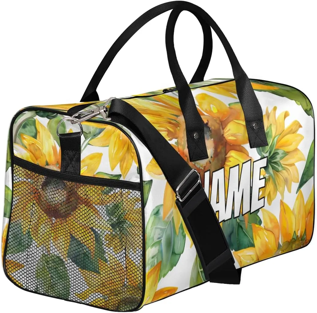 Personalized Watercolor Sunflower Travel Duffel Bag with Name, Custom Gym Sport Bag Green Leaves Carry On Weekend Overnight Duffel Bag for Men Women