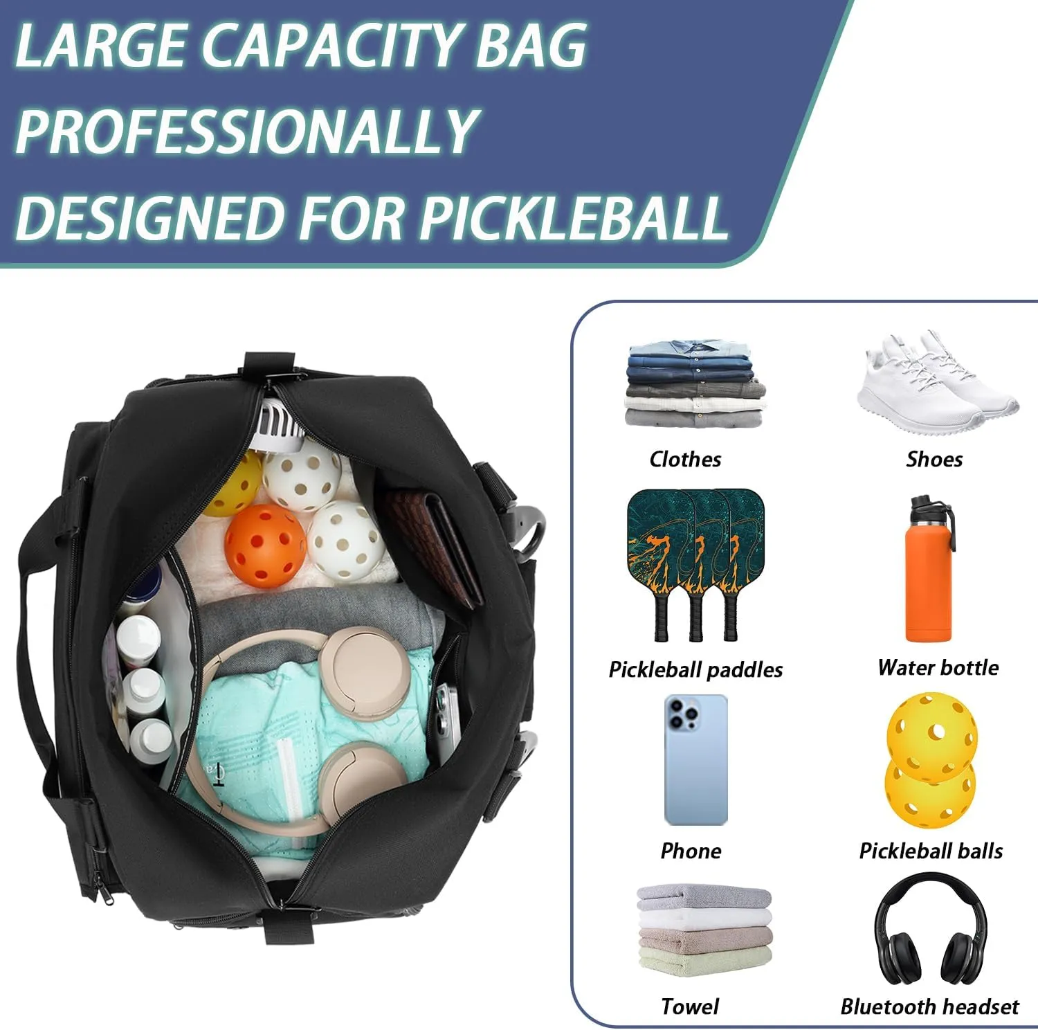 Pickleball Bag for Women and Men，Pickleball Backpack with various Zipper Pockets for Balls, Paddles, Shoes, Movil phone and Power Bank, with a Fence Hook