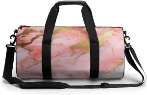 Pink And Gold Marble Pattern Travel Gym Bag for Women Men Cylindrical Duffle Bag Sport Workout Bag with Shoulder Strap