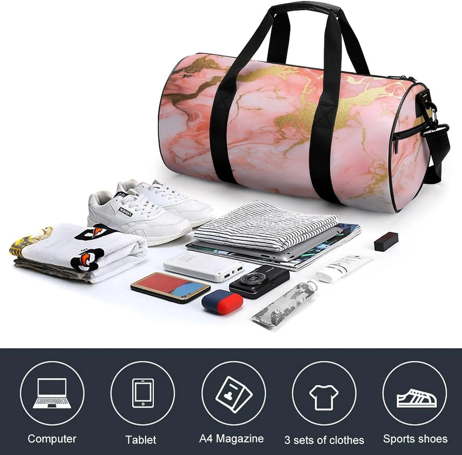 Pink And Gold Marble Pattern Travel Gym Bag for Women Men Cylindrical Duffle Bag Sport Workout Bag with Shoulder Strap