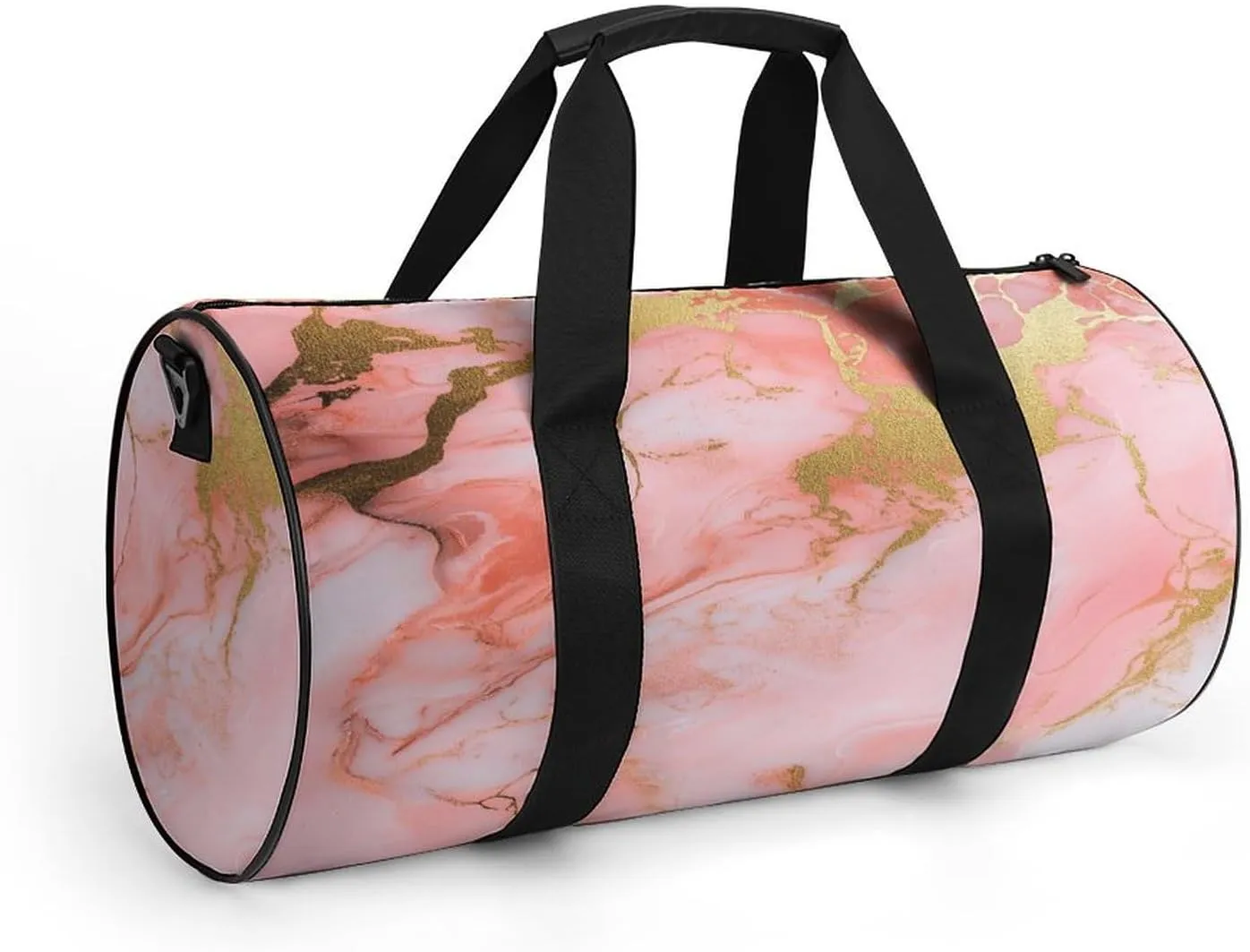 Pink And Gold Marble Pattern Travel Gym Bag for Women Men Cylindrical Duffle Bag Sport Workout Bag with Shoulder Strap