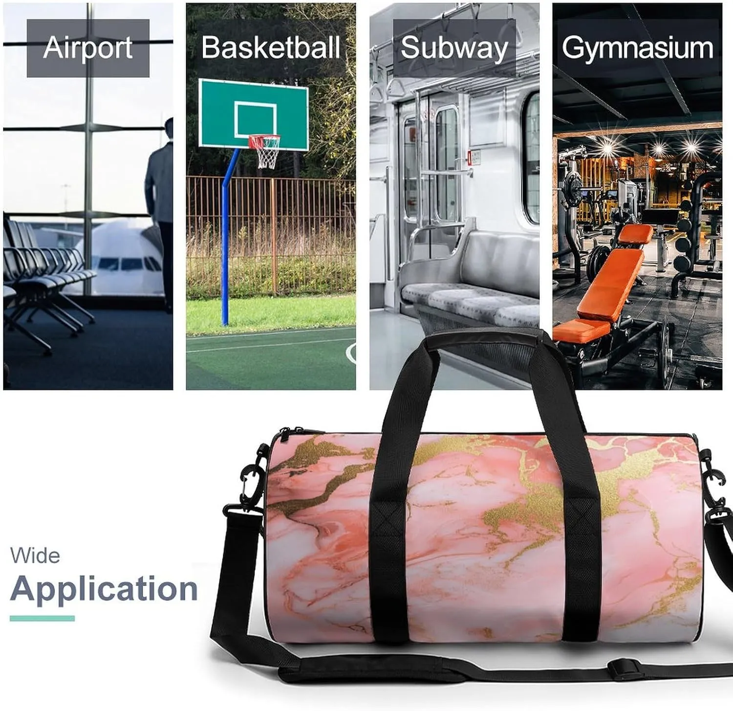 Pink And Gold Marble Pattern Travel Gym Bag for Women Men Cylindrical Duffle Bag Sport Workout Bag with Shoulder Strap