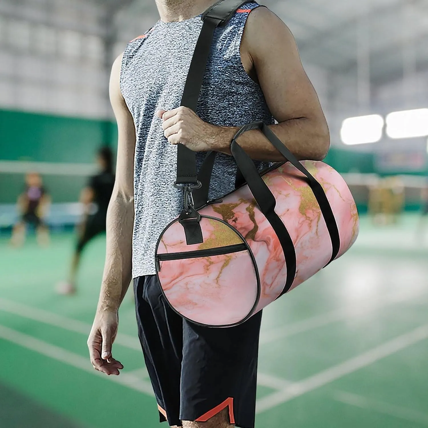 Pink And Gold Marble Pattern Travel Gym Bag for Women Men Cylindrical Duffle Bag Sport Workout Bag with Shoulder Strap