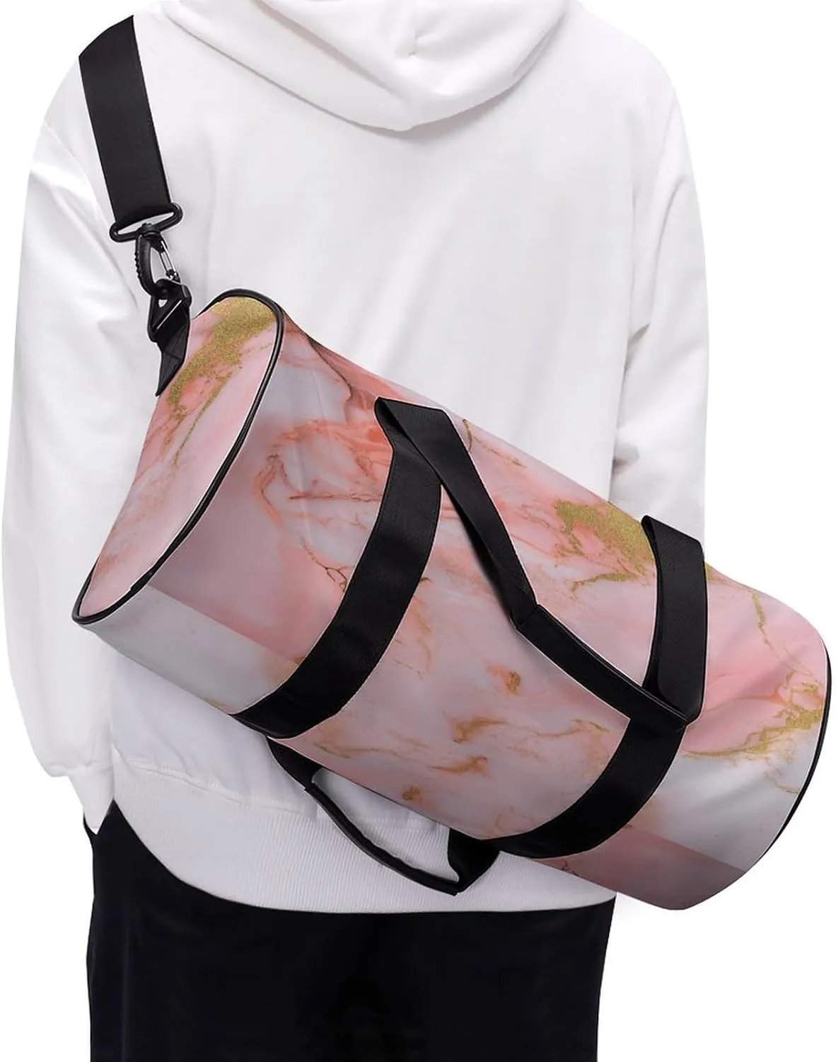 Pink And Gold Marble Pattern Travel Gym Bag for Women Men Cylindrical Duffle Bag Sport Workout Bag with Shoulder Strap