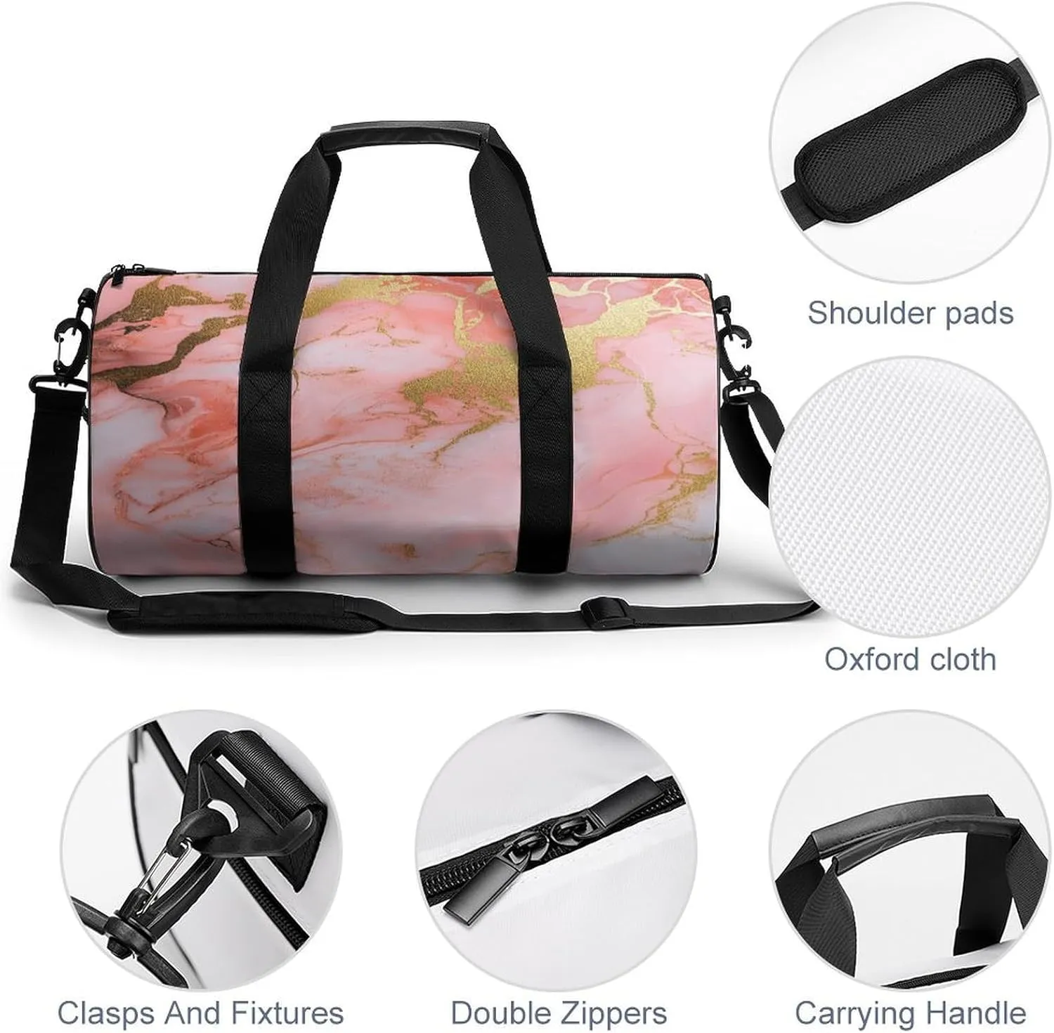 Pink And Gold Marble Pattern Travel Gym Bag for Women Men Cylindrical Duffle Bag Sport Workout Bag with Shoulder Strap