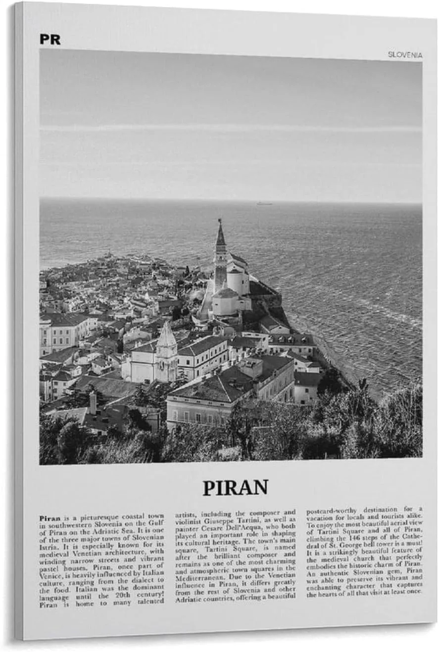 Piran Black And White Landscape Poster, Slovenia, Karst Coast Poster Print for Teen Boys Room Wall Art Canvas Painting Print 16x24inch(40x60cm)