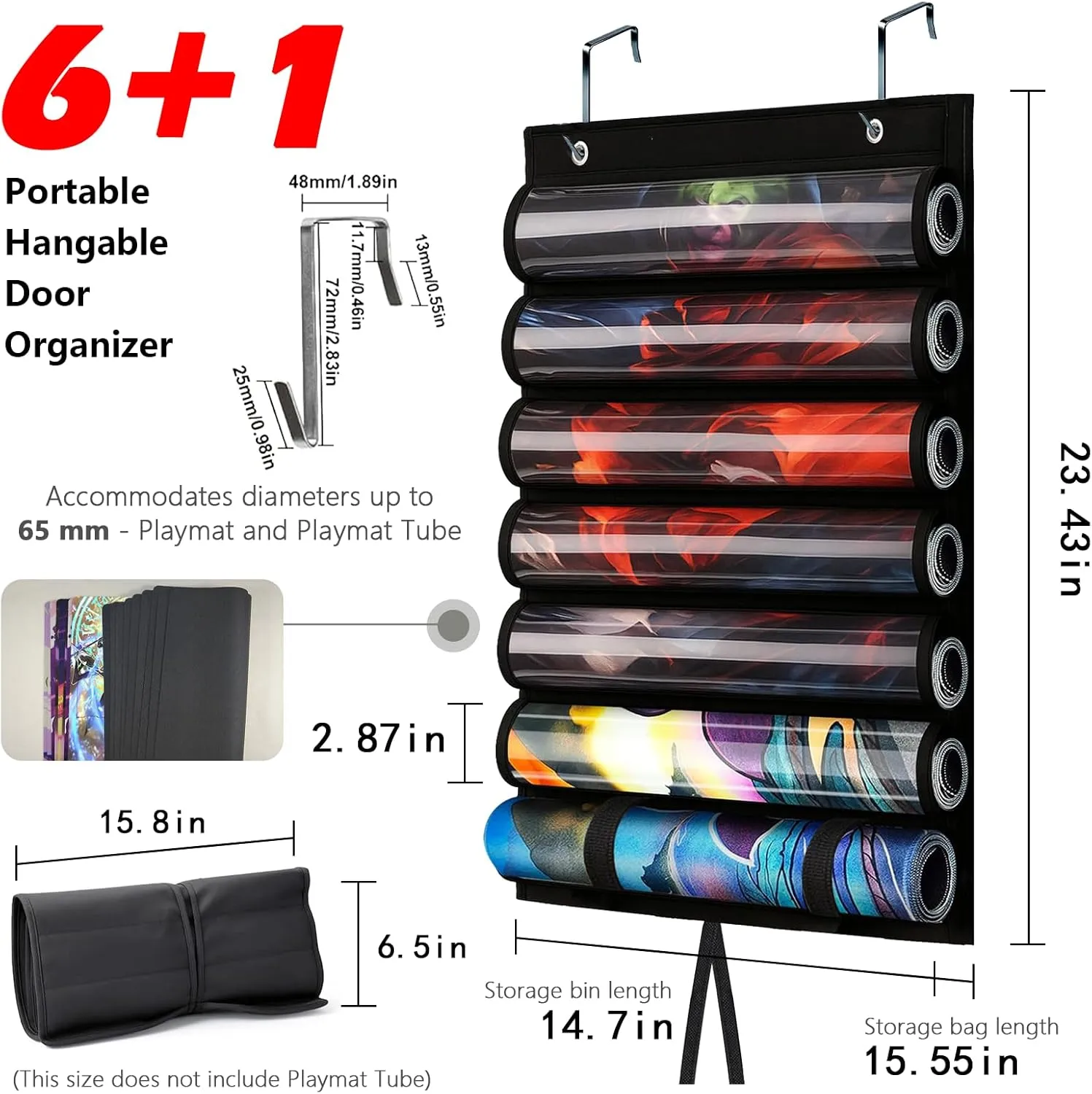 Playmat Tube for MTG - Portable Hangable Door Organizer with 2 Hooks, Fits for 6 1 Card Game Storage with Clear Slots for TCG/RPG Mats (6 Tubes,Black)
