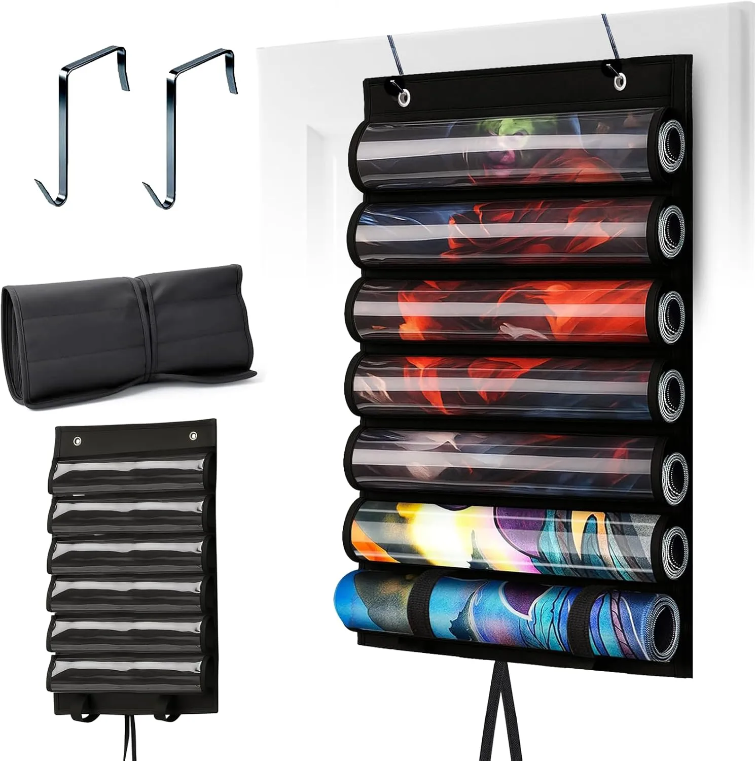 Playmat Tube for MTG - Portable Hangable Door Organizer with 2 Hooks, Fits for 6 1 Card Game Storage with Clear Slots for TCG/RPG Mats (6 Tubes,Black)