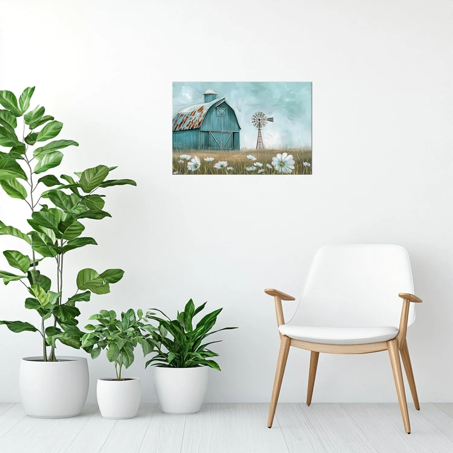 PLIDAAYO Old Barn Wall Art Bule Farmhouse Windmill Canvas Print Wildflower Picture Rustic Farmhouse Poster Country Nature Landscape Painting for Living Room Bedroom Spring Decor(Far-03,12"x18")