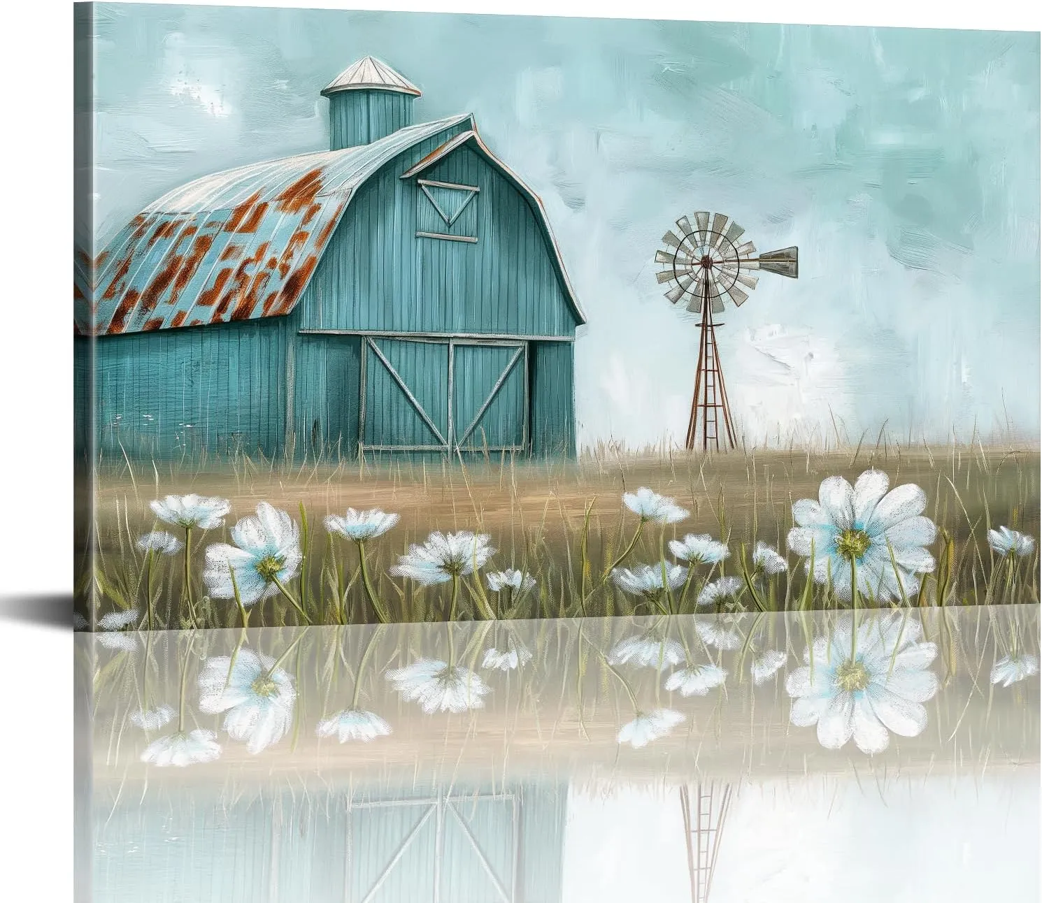 PLIDAAYO Old Barn Wall Art Bule Farmhouse Windmill Canvas Print Wildflower Picture Rustic Farmhouse Poster Country Nature Landscape Painting for Living Room Bedroom Spring Decor(Far-03,12"x18")