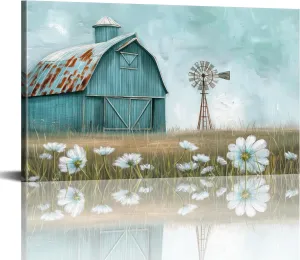 PLIDAAYO Old Barn Wall Art Bule Farmhouse Windmill Canvas Print Wildflower Picture Rustic Farmhouse Poster Country Nature Landscape Painting for Living Room Bedroom Spring Decor(Far-03,12"x18")