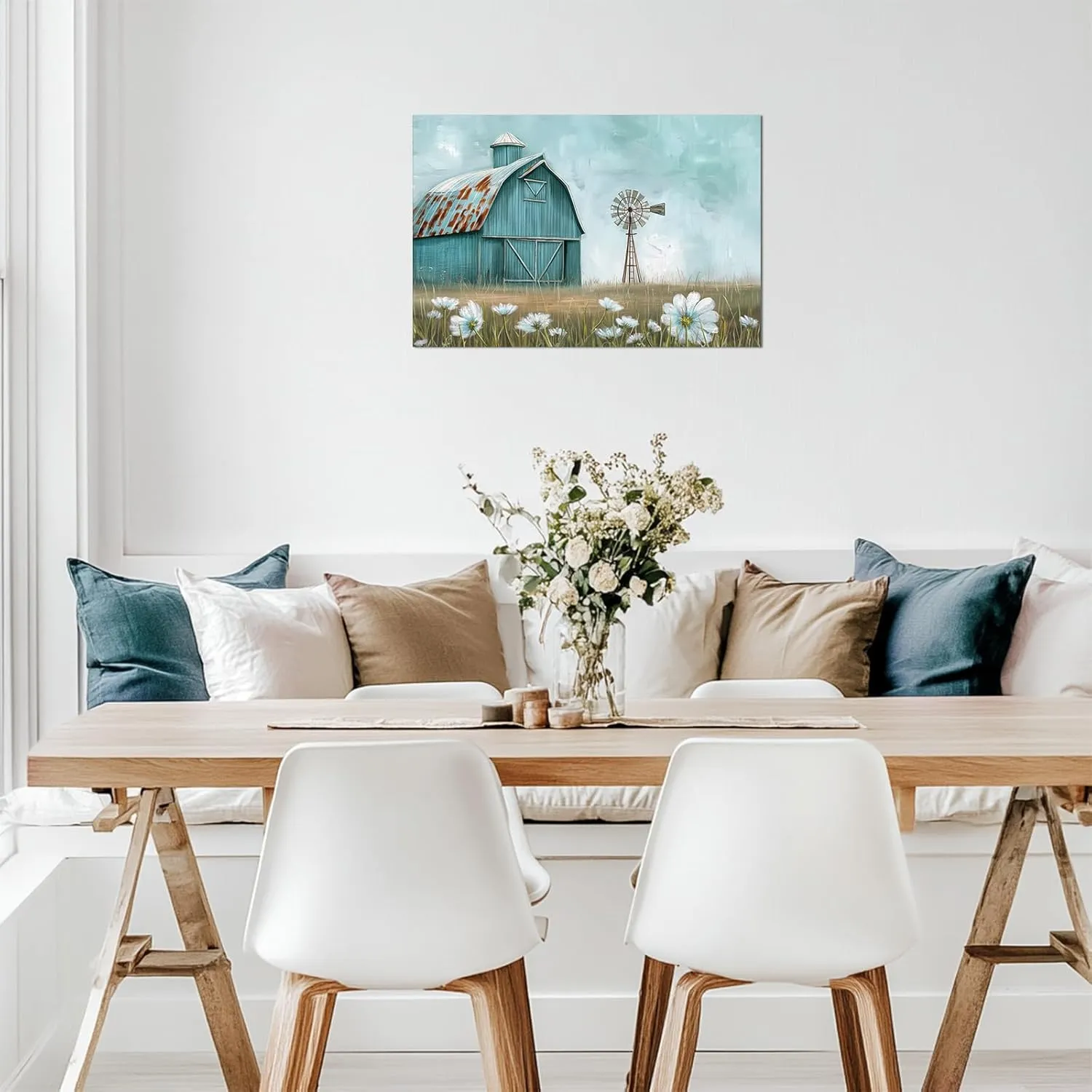 PLIDAAYO Old Barn Wall Art Bule Farmhouse Windmill Canvas Print Wildflower Picture Rustic Farmhouse Poster Country Nature Landscape Painting for Living Room Bedroom Spring Decor(Far-03,12"x18")