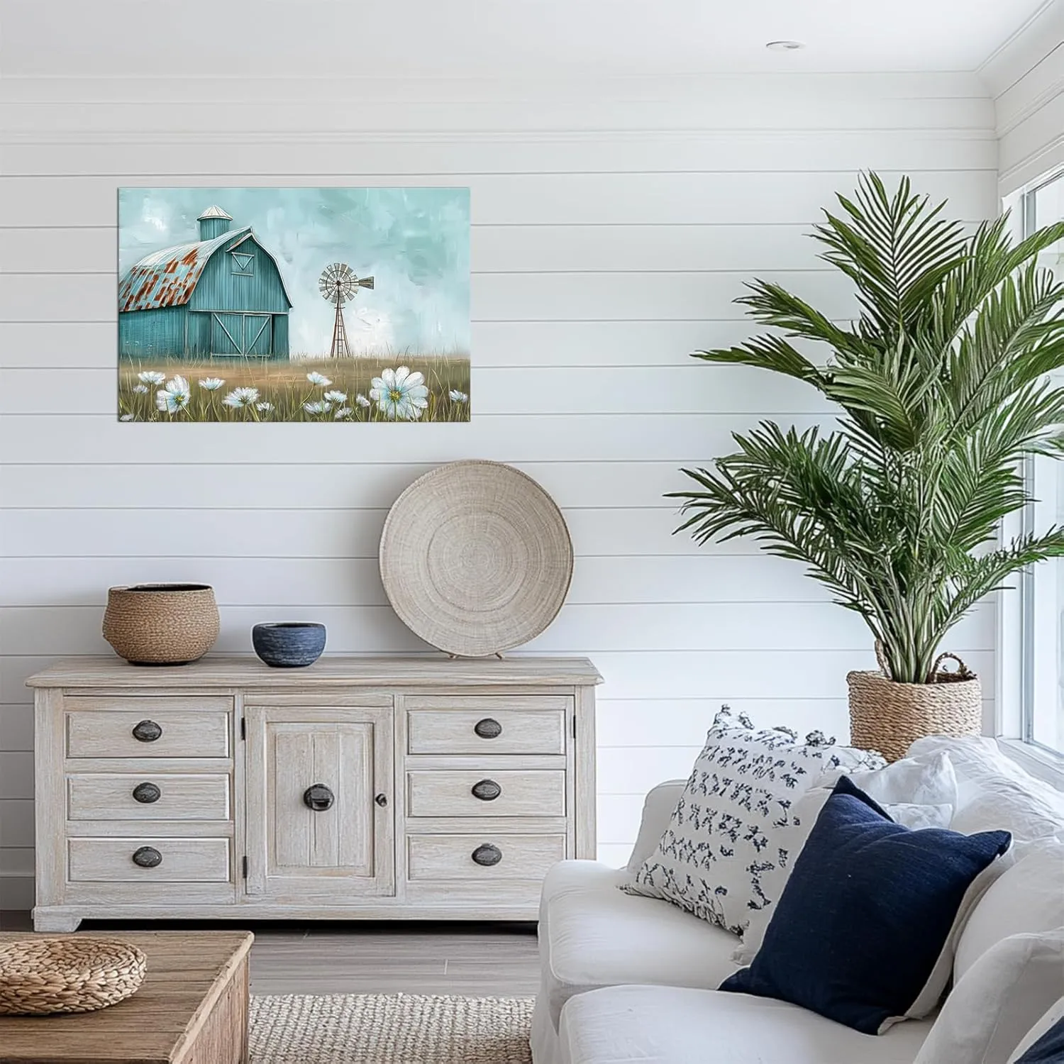 PLIDAAYO Old Barn Wall Art Bule Farmhouse Windmill Canvas Print Wildflower Picture Rustic Farmhouse Poster Country Nature Landscape Painting for Living Room Bedroom Spring Decor(Far-03,12"x18")