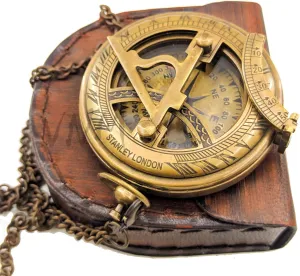 Pocket Sundial Compass with Leather Case, Brass, Handcrafted, Antique Finish