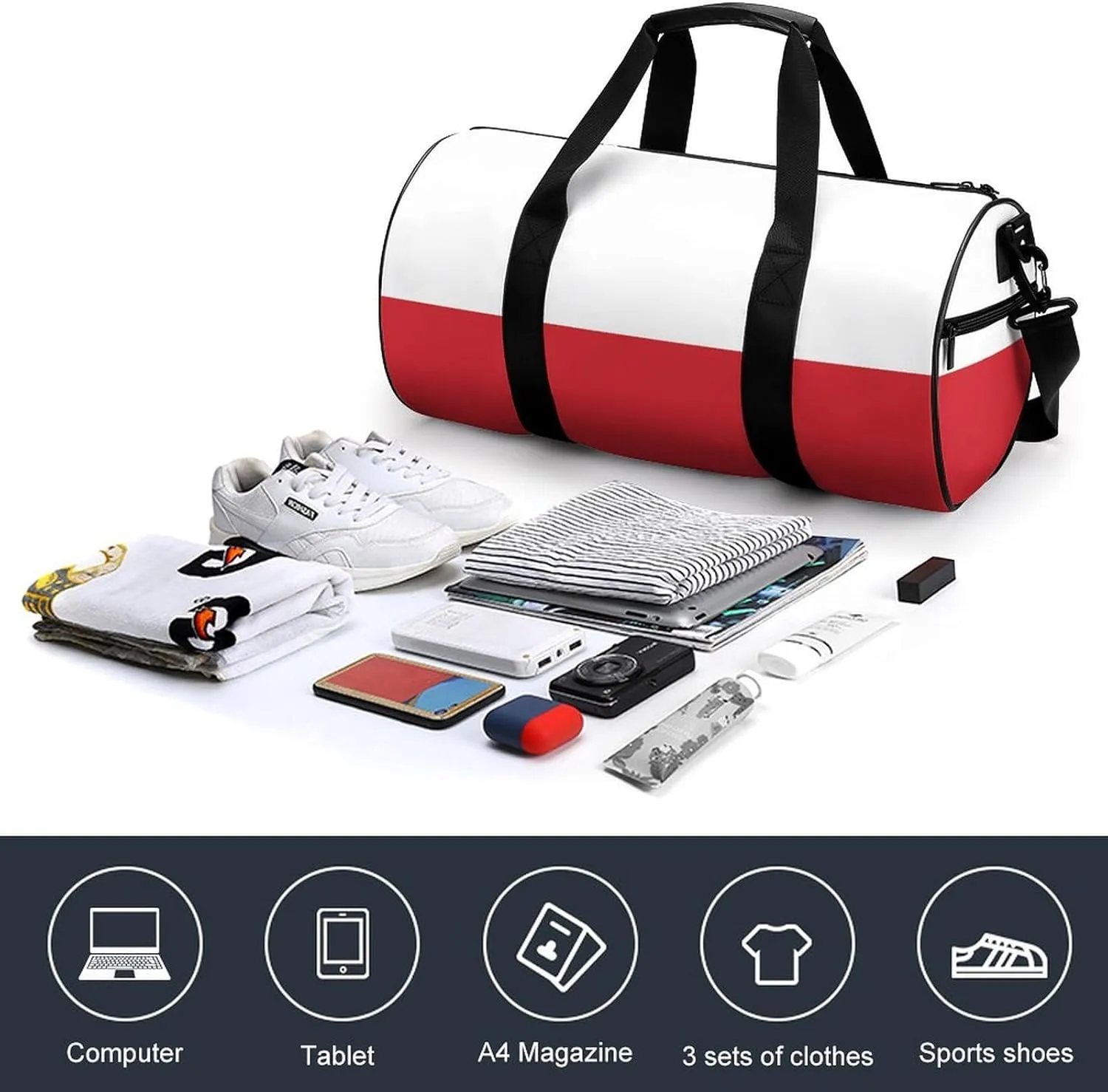 Poland Flag Sports Duffel Bag for Men Women with Shoe Compartment Gym Weekender Tote