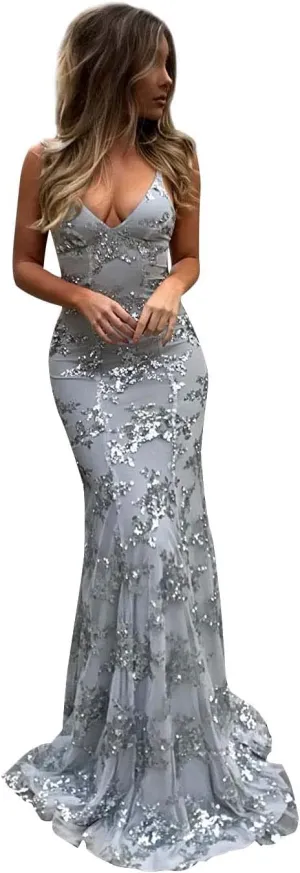 POMUYOO Women's Spaghetti Straps Sequin Mermaid Prom Dresses Long V-Neck Backless Evening Formal Gown