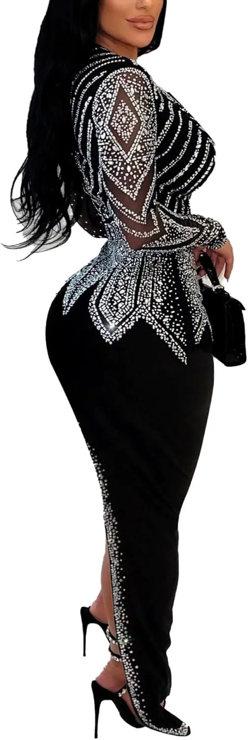PORRCEY Women Sexy Rhinestone Long Sleeve Mesh See Through Party Club Night Formal Evening Dress