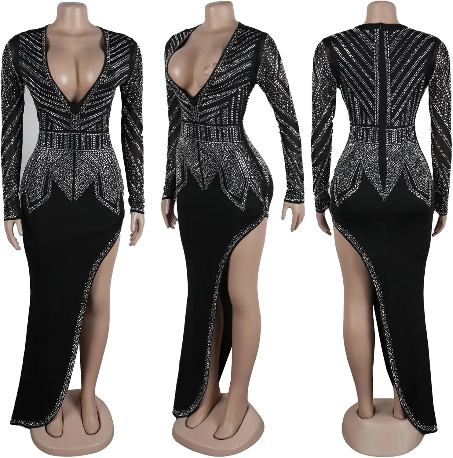 PORRCEY Women Sexy Rhinestone Long Sleeve Mesh See Through Party Club Night Formal Evening Dress