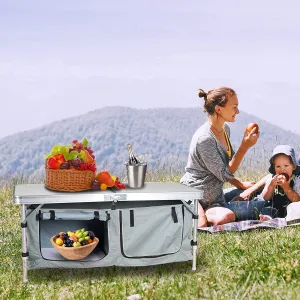 Portable Camping Kitchen Table Outdoor Multi-Utility Fold-in-Half Table with Adjustable Height for BBQ, Party and Picnic