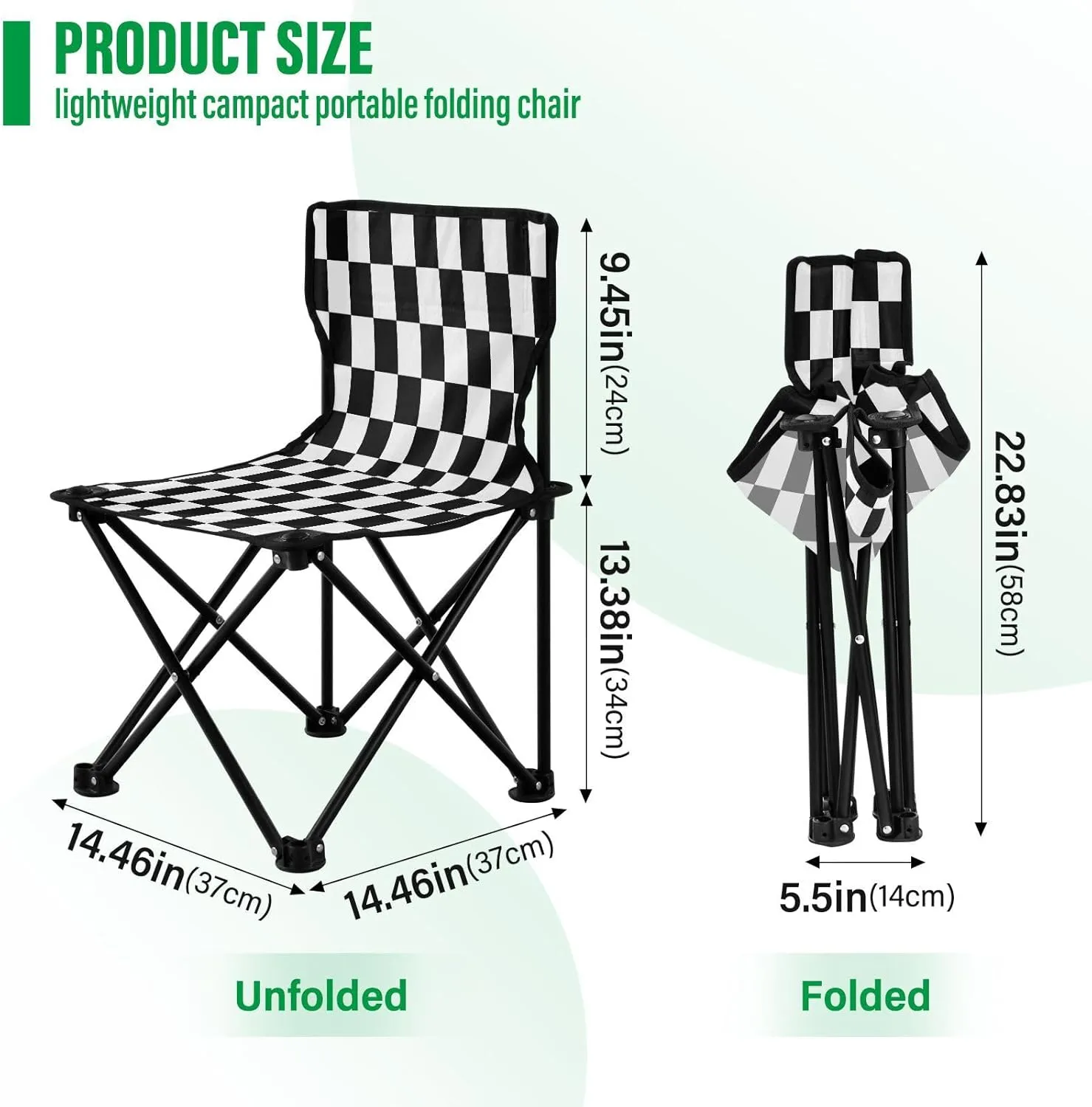 Portable Folding Camping Chair with Carrying Bag Black and White Checkered Background Lightweight Folding Chair Perfect for Camping, Tailgates, Beach, and Sports