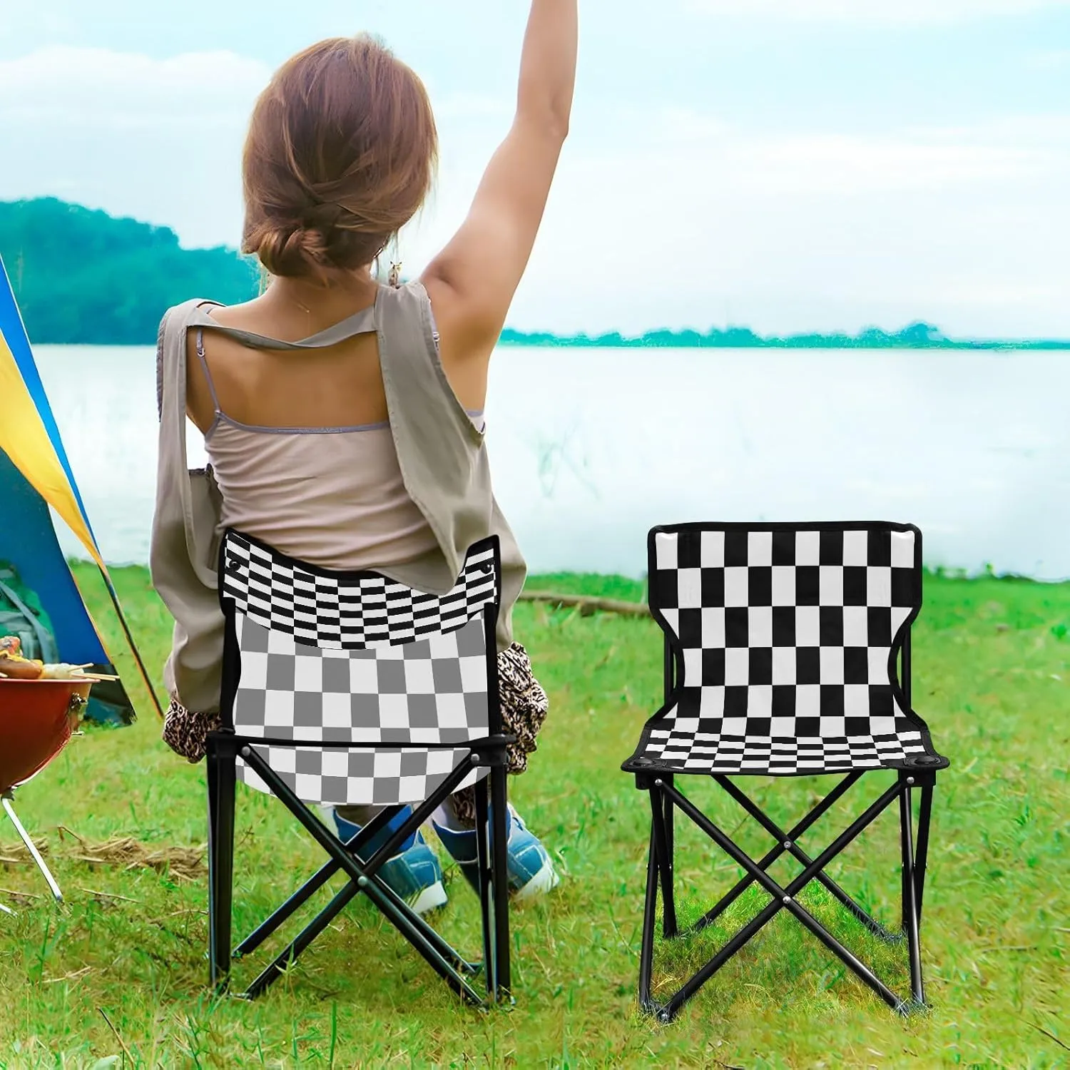 Portable Folding Camping Chair with Carrying Bag Black and White Checkered Background Lightweight Folding Chair Perfect for Camping, Tailgates, Beach, and Sports