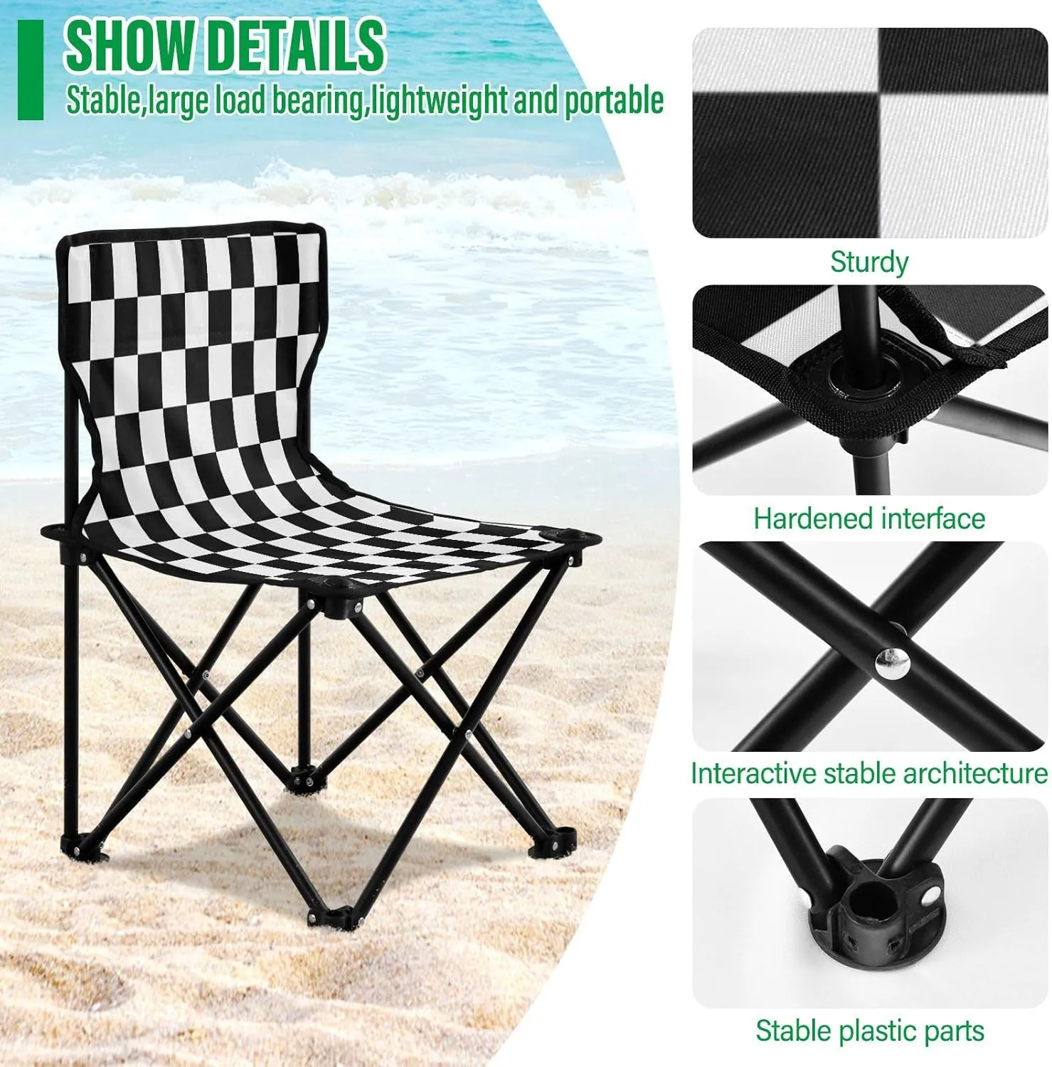 Portable Folding Camping Chair with Carrying Bag Black and White Checkered Background Lightweight Folding Chair Perfect for Camping, Tailgates, Beach, and Sports