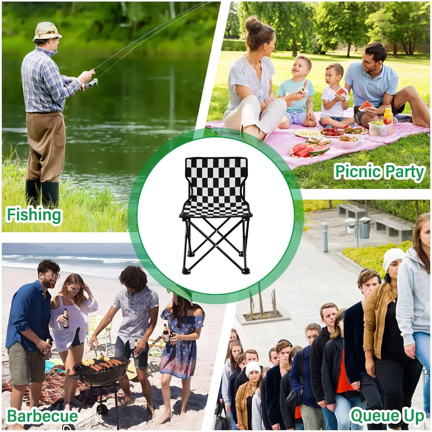 Portable Folding Camping Chair with Carrying Bag Black and White Checkered Background Lightweight Folding Chair Perfect for Camping, Tailgates, Beach, and Sports