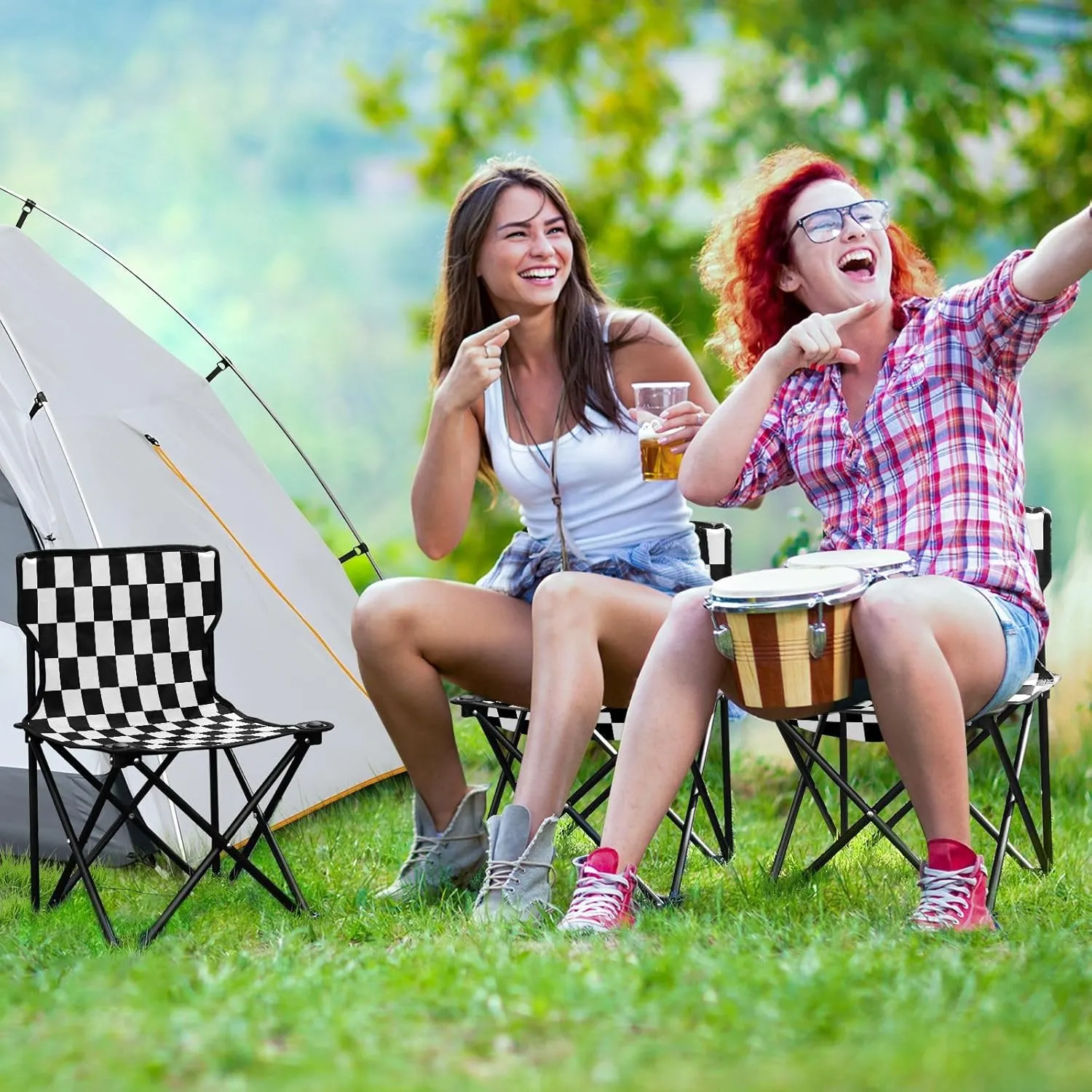 Portable Folding Camping Chair with Carrying Bag Black and White Checkered Background Lightweight Folding Chair Perfect for Camping, Tailgates, Beach, and Sports
