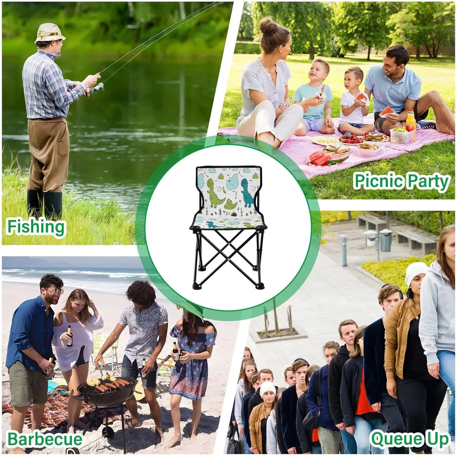 Portable Folding Camping Chair with Carrying Bag Cartoon Dinosaur Lightweight Folding Chair Perfect for Camping, Tailgates, Beach, and Sports
