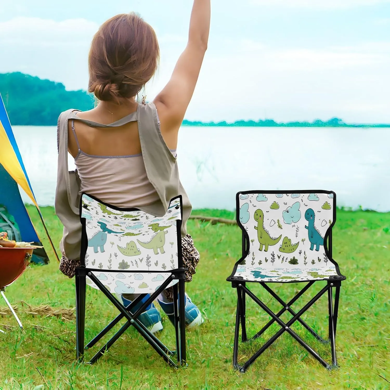 Portable Folding Camping Chair with Carrying Bag Cartoon Dinosaur Lightweight Folding Chair Perfect for Camping, Tailgates, Beach, and Sports