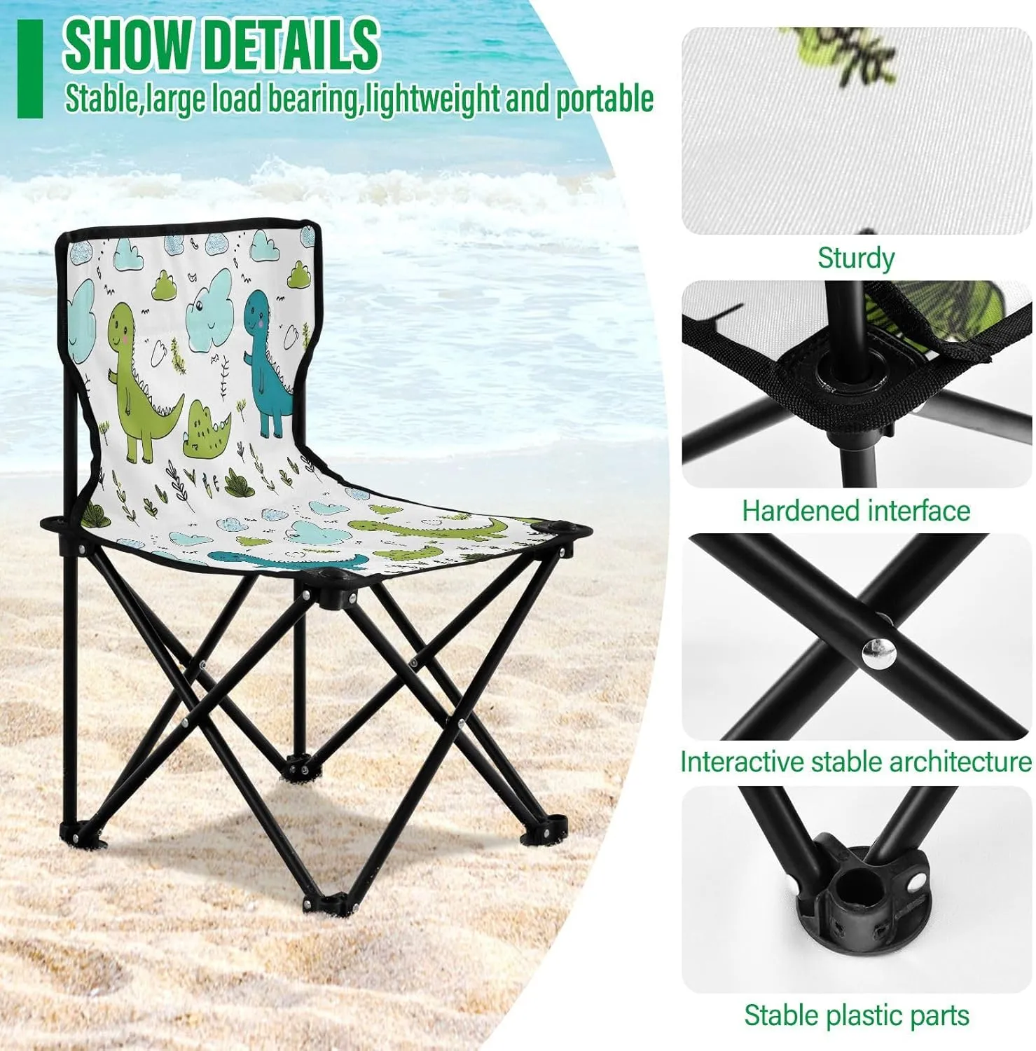 Portable Folding Camping Chair with Carrying Bag Cartoon Dinosaur Lightweight Folding Chair Perfect for Camping, Tailgates, Beach, and Sports