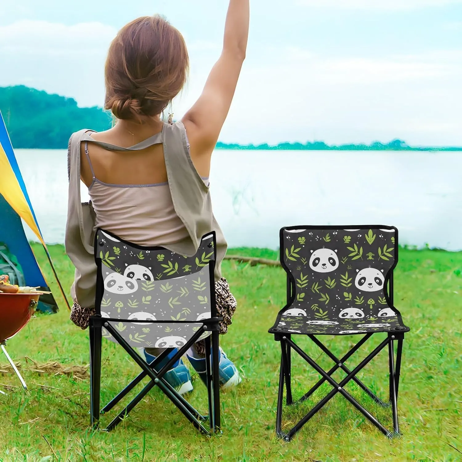 Portable Folding Camping Chair with Carrying Bag Cute Cartoon Panda Pattern Lightweight Folding Chair Perfect for Camping, Tailgates, Beach, and Sports