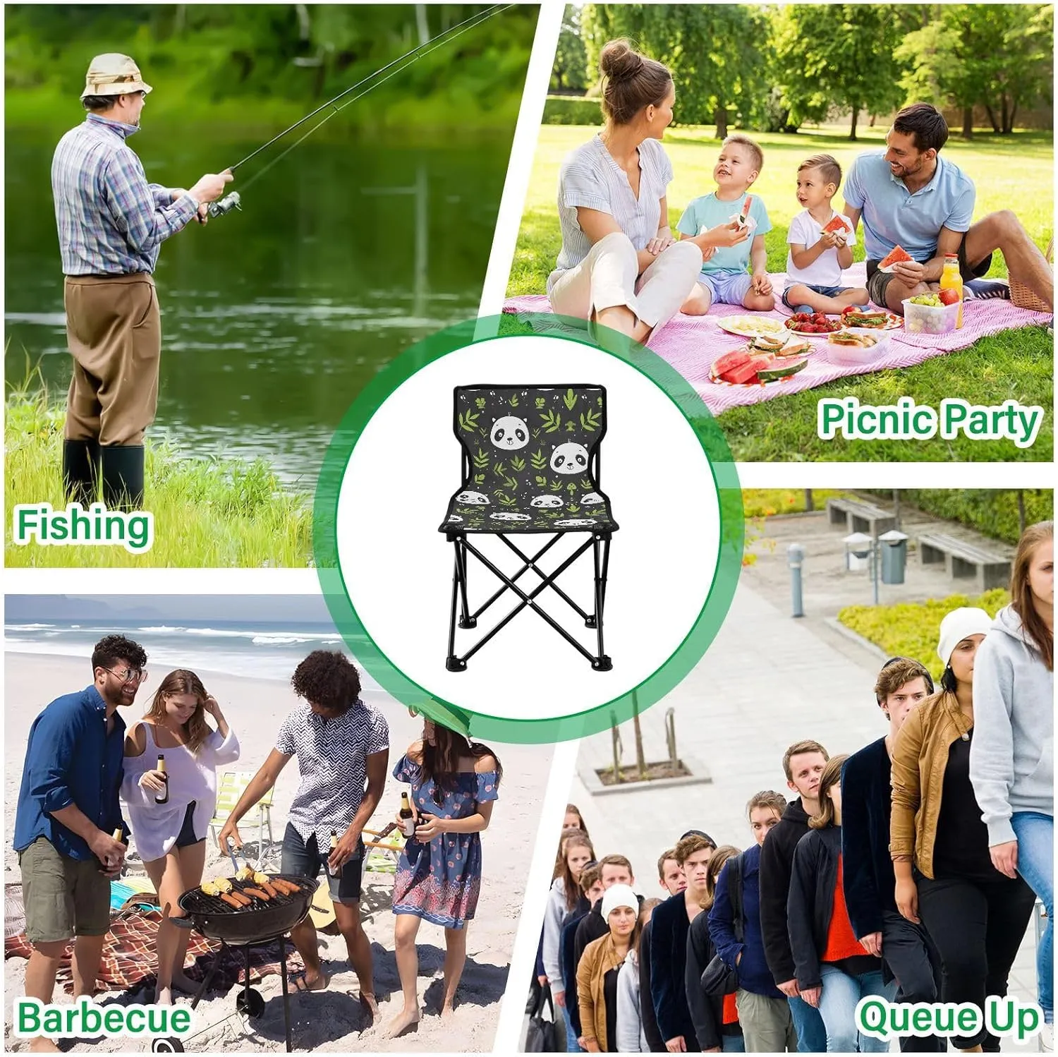 Portable Folding Camping Chair with Carrying Bag Cute Cartoon Panda Pattern Lightweight Folding Chair Perfect for Camping, Tailgates, Beach, and Sports
