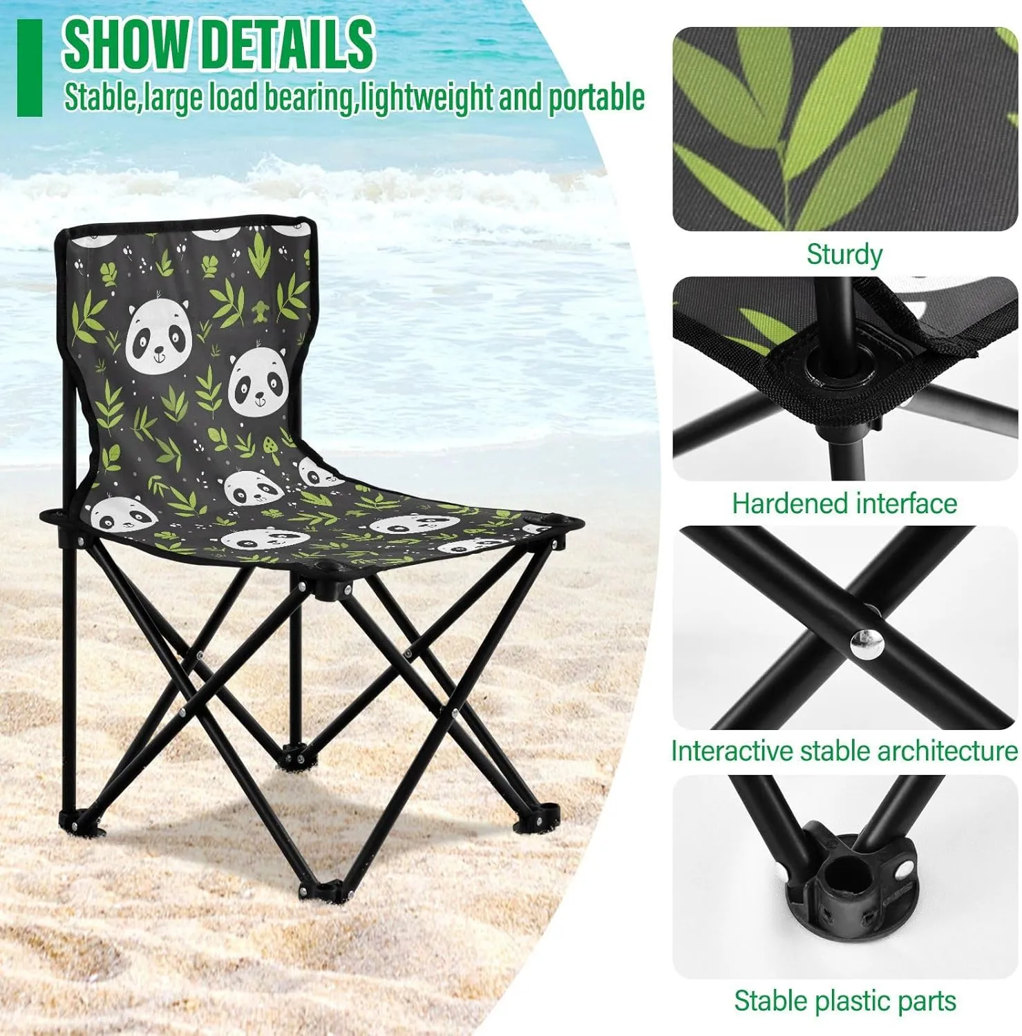Portable Folding Camping Chair with Carrying Bag Cute Cartoon Panda Pattern Lightweight Folding Chair Perfect for Camping, Tailgates, Beach, and Sports