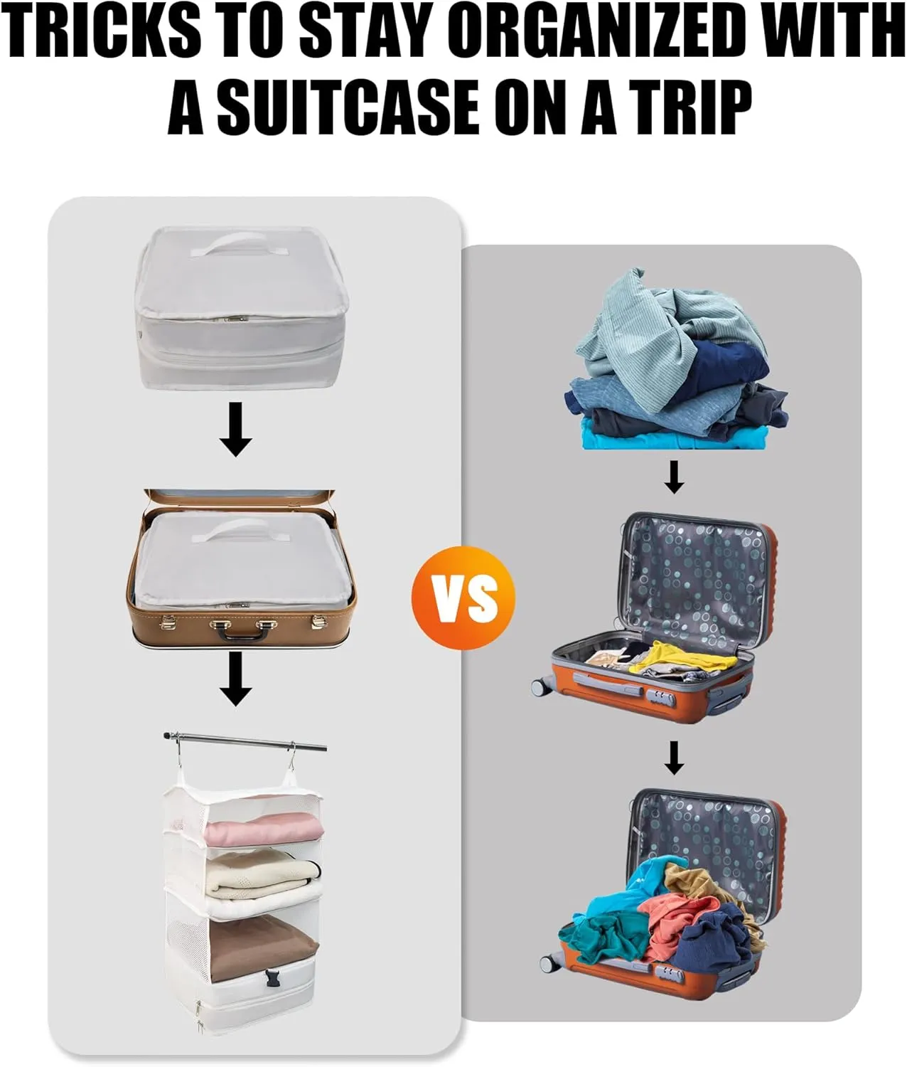Portable Hanging Travel Shelves Bag, Travel Packing Cube Organizer, Large Capacity Carry-On Closet, Foldable Suitcase Storage with 4 Compartments (White)